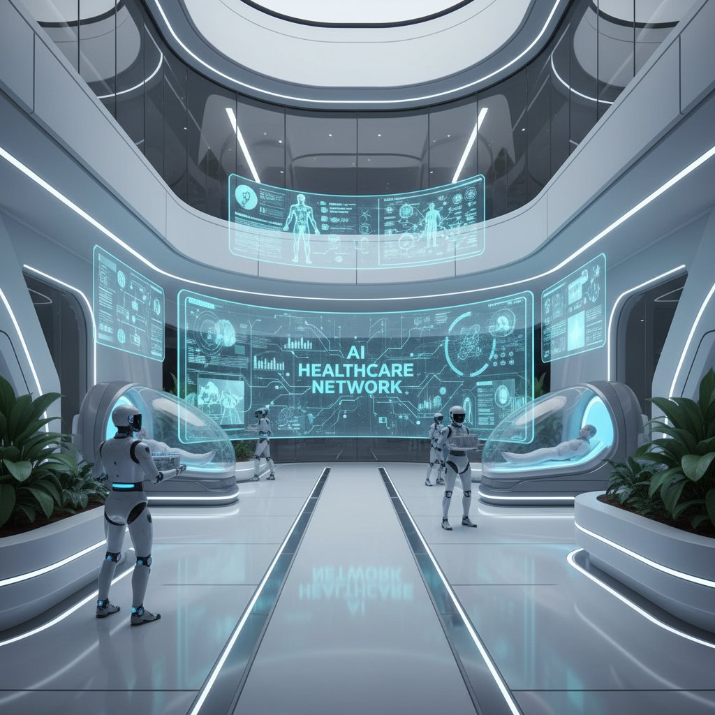 Nowoczesny szpital i cyfrowe narzędzia AI w tle, obraz współczesnego wsparcia medycznego