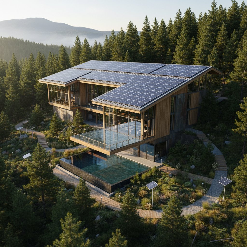 Nowoczesny hotel w lesie z panelami słonecznymi, ekologia w luksusie