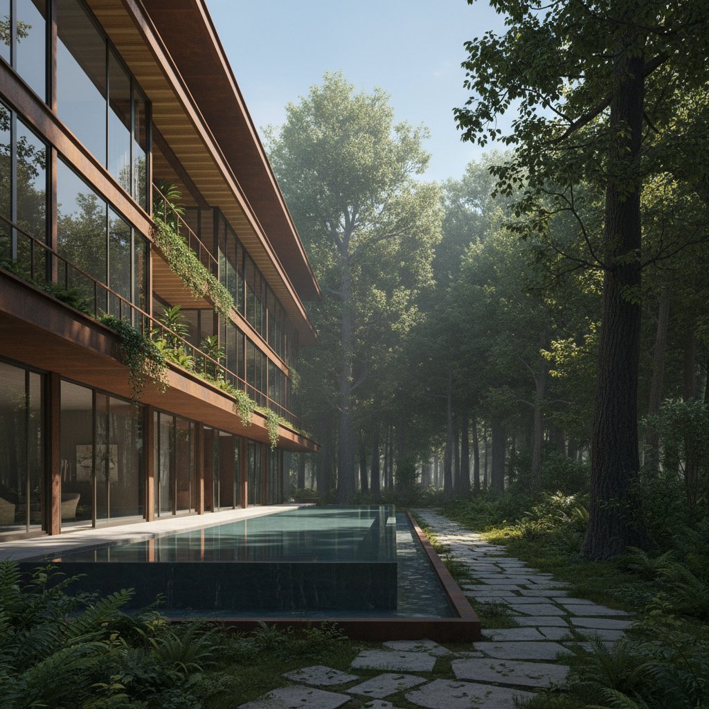 Nowoczesny hotel położony tuż przy ścianie lasu, wyraźnie ukazujący połączenie architektury z naturą