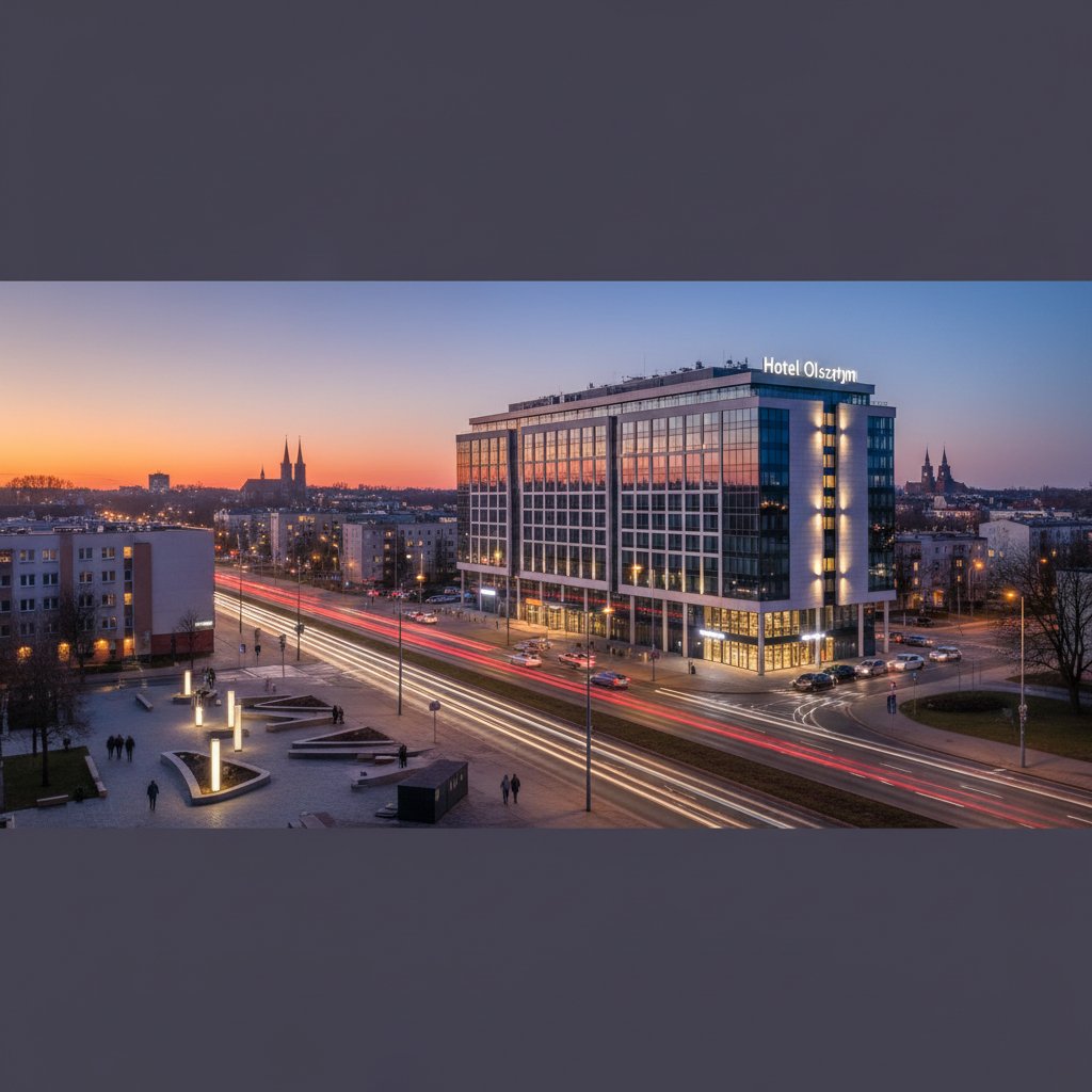 Nowoczesny hotel w Olsztynie, widok wieczorny, ruch uliczny, światła miasta
