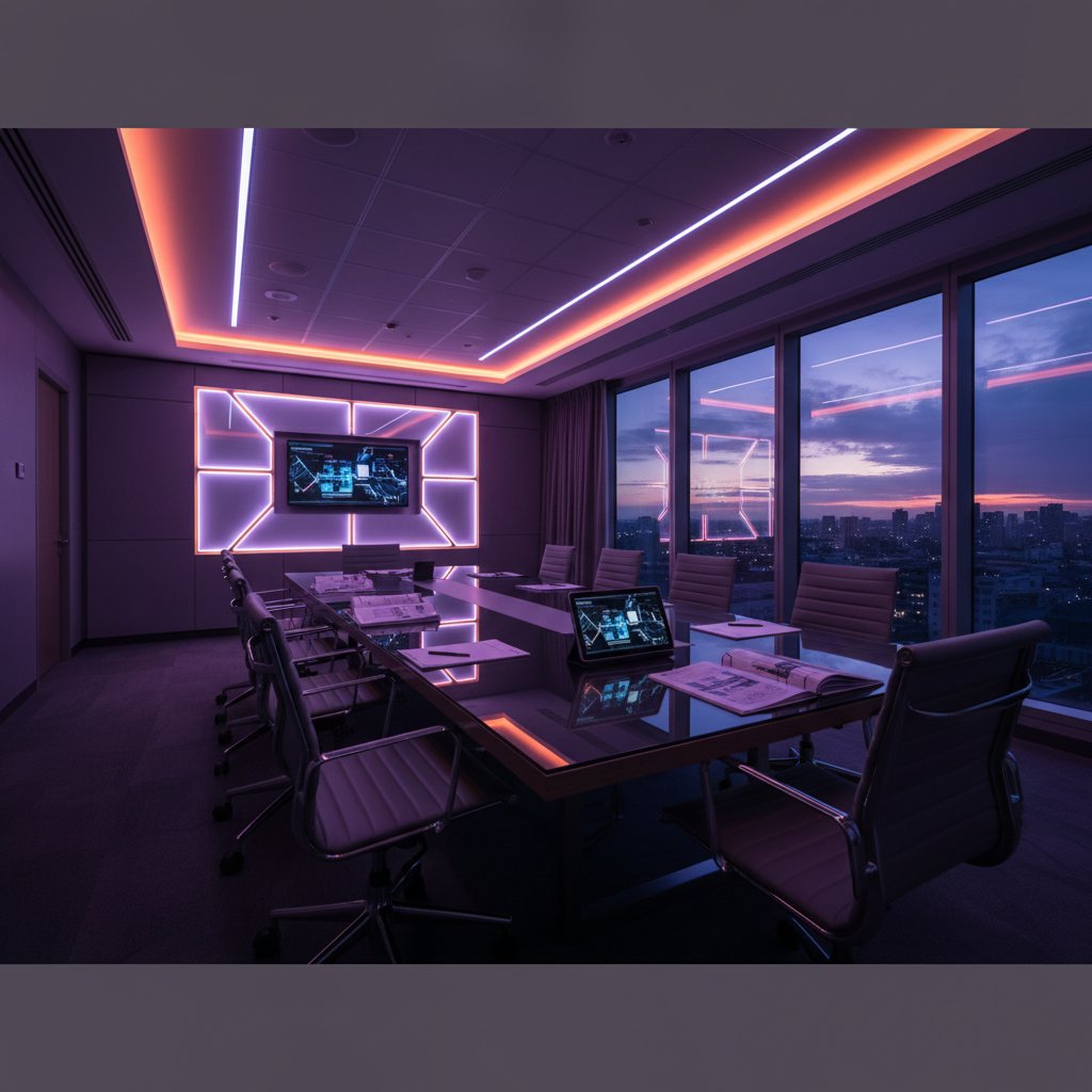 Nowoczesna sala konferencyjna w hotelu, światło wieczorne, subtelne neony, materiały szkoleniowe na stołach