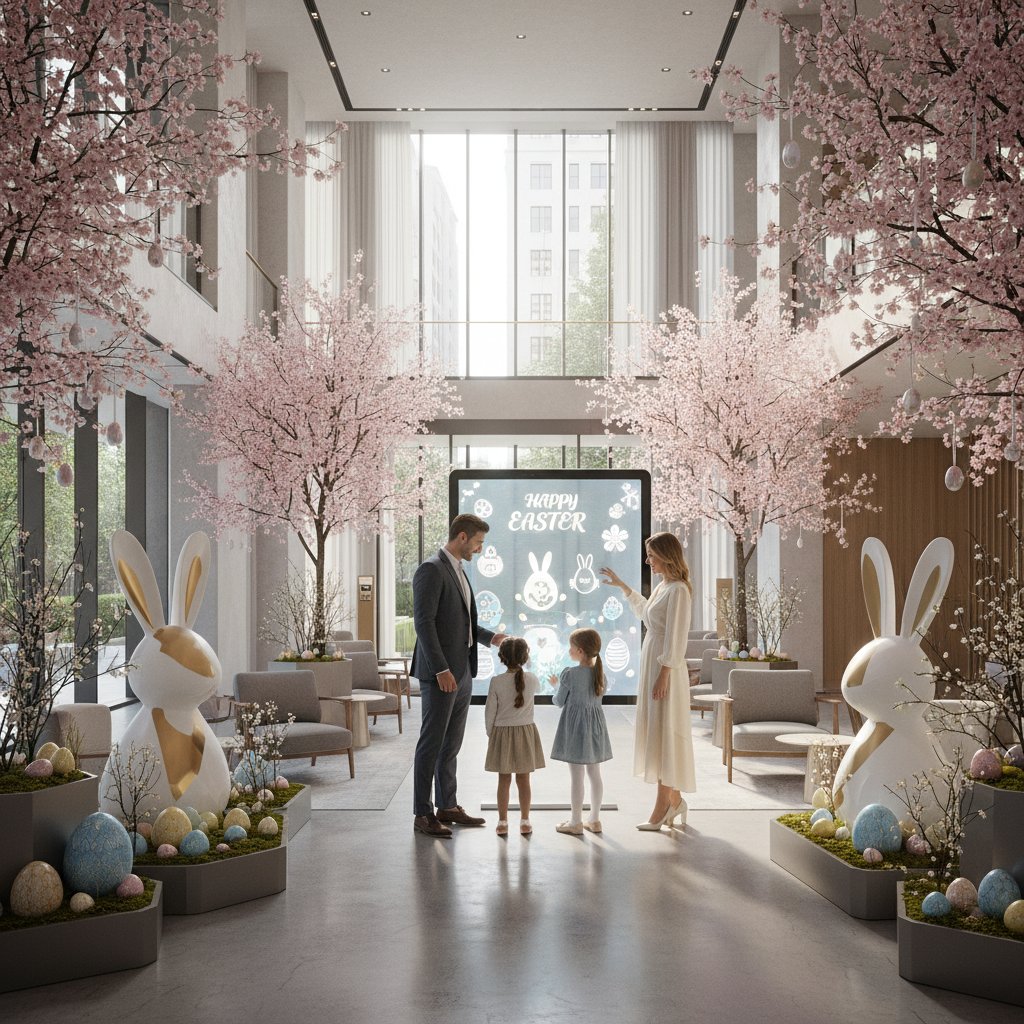 Nowoczesne lobby hotelowe z dekoracjami wielkanocnymi, AI przy recepcji