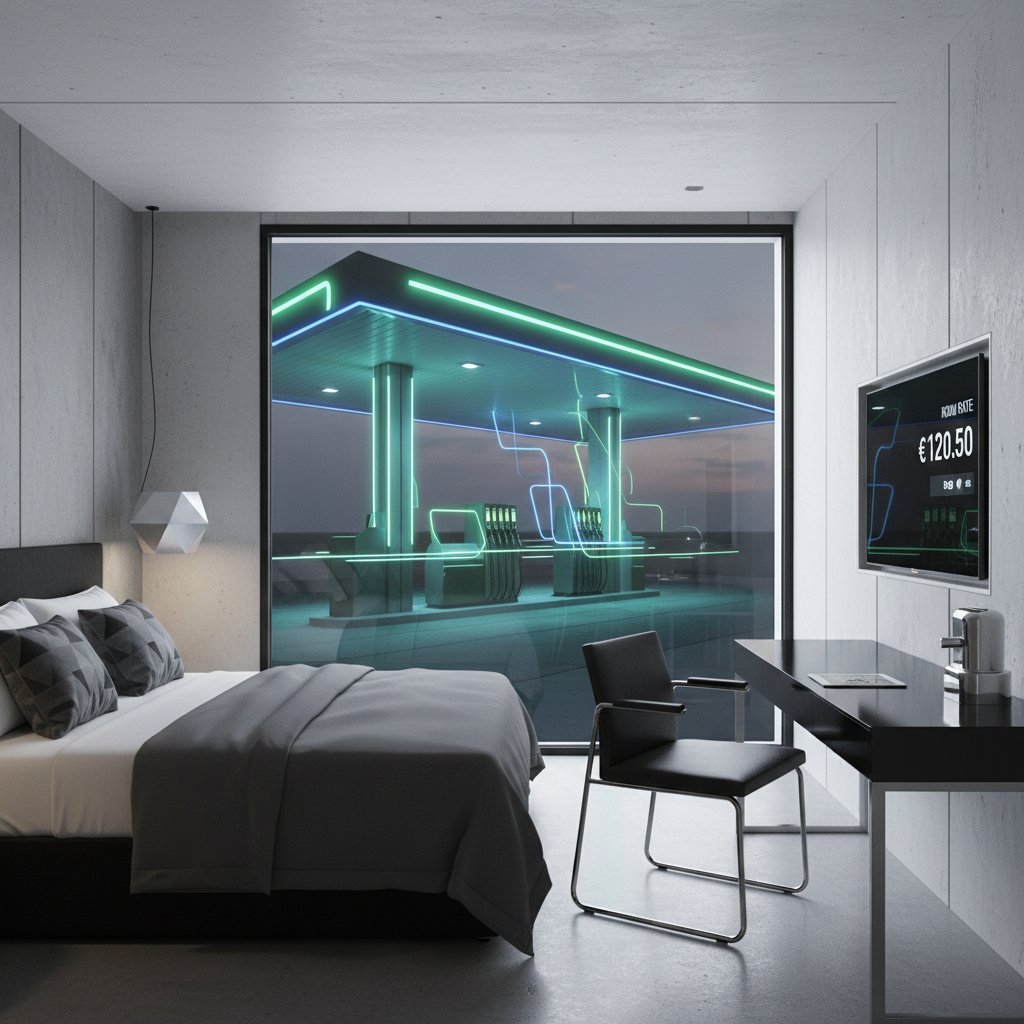 Pokój hotelowy przy stacji benzynowej o nowoczesnym, minimalistycznym wystroju – komfortowy hotel stacja benzynowa