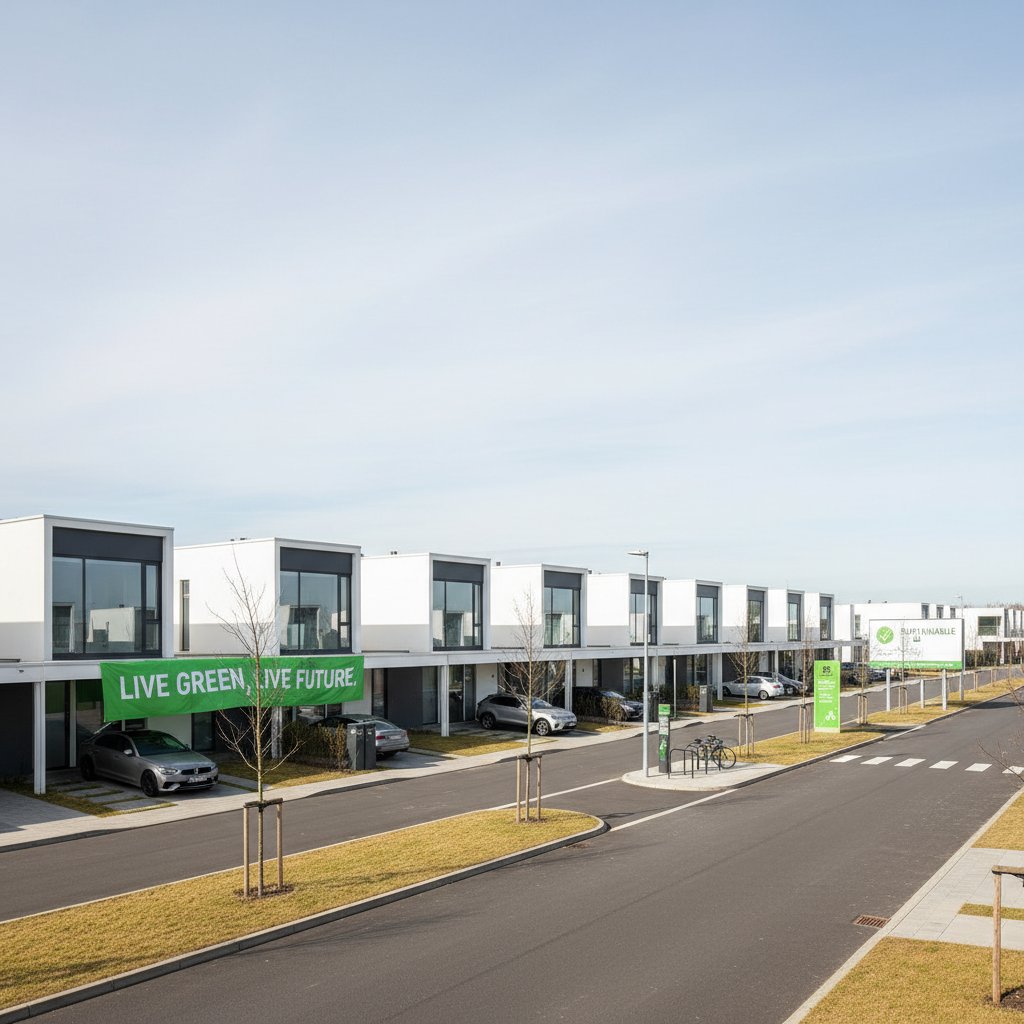 Nowoczesne osiedle z kilkoma drzewami, przykładowy greenwashing