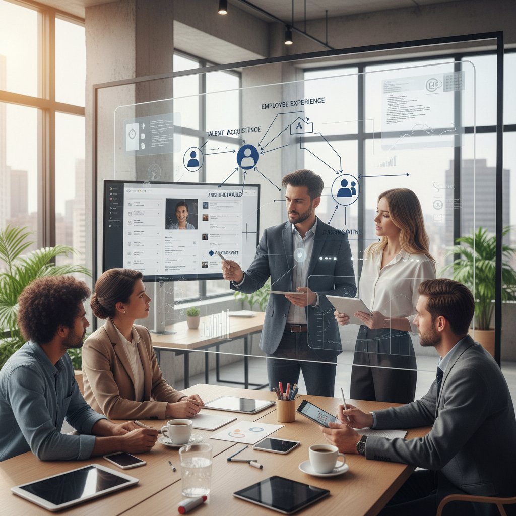 Nowoczesny zespół HR korzystający z laptopów i narzędzi AI podczas burzy mózgów w biurze