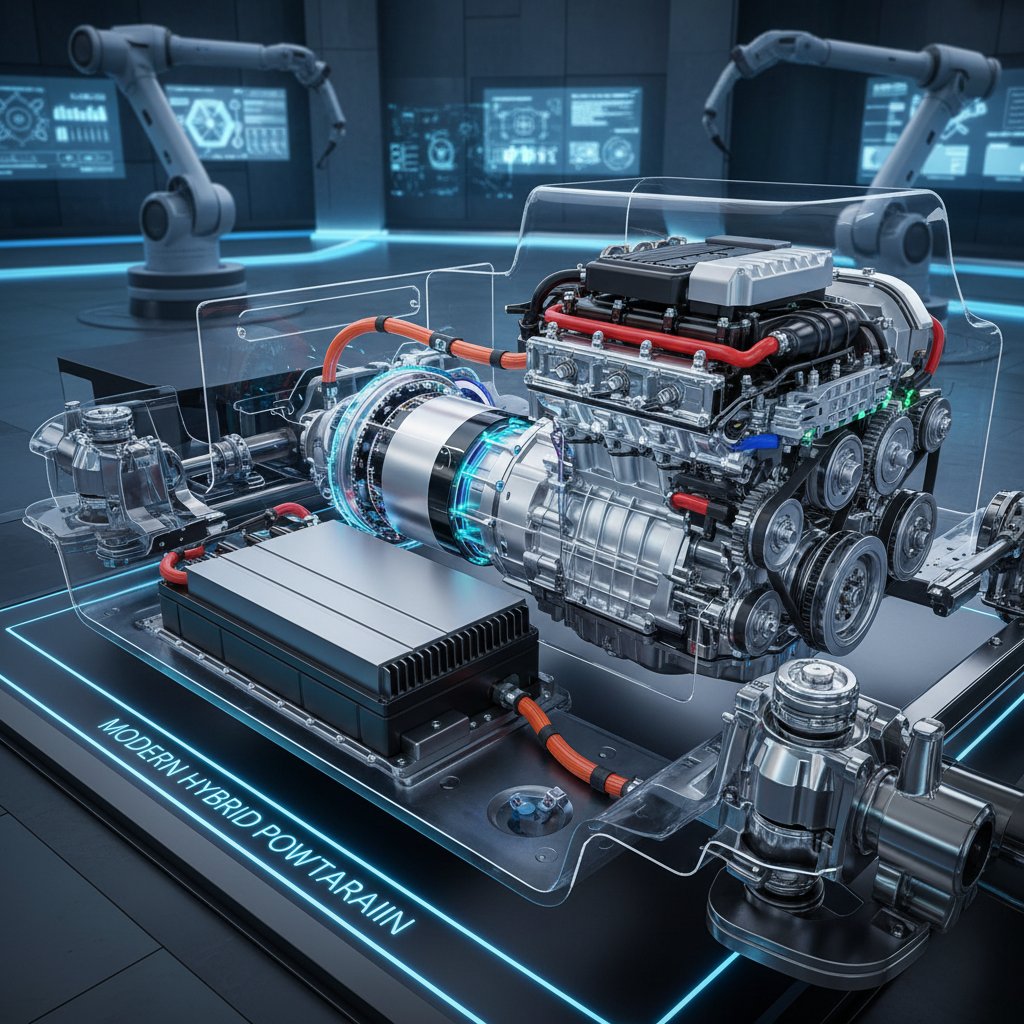 Modern hybrid powertrain components with battery, motor, and engine labeled