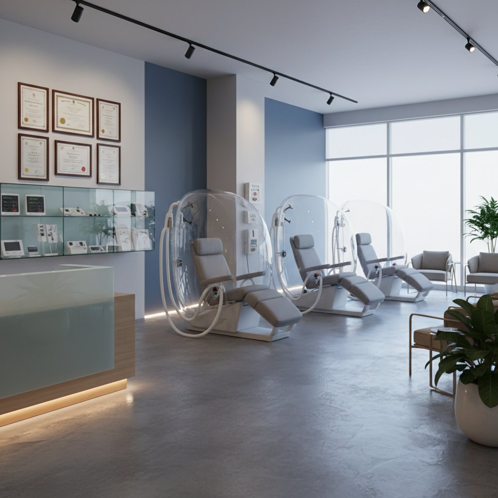 Wnętrze nowoczesnej kliniki tlenoterapii – widoczne certyfikaty, sprzęt medyczny, czystość