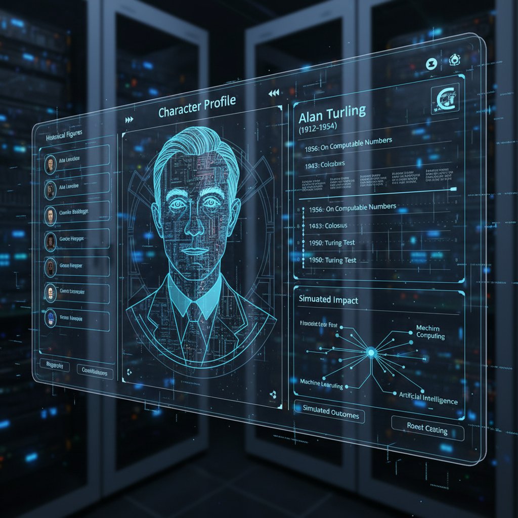 Nowoczesny interfejs symulatora historii z profilem postaci AI na ekranie