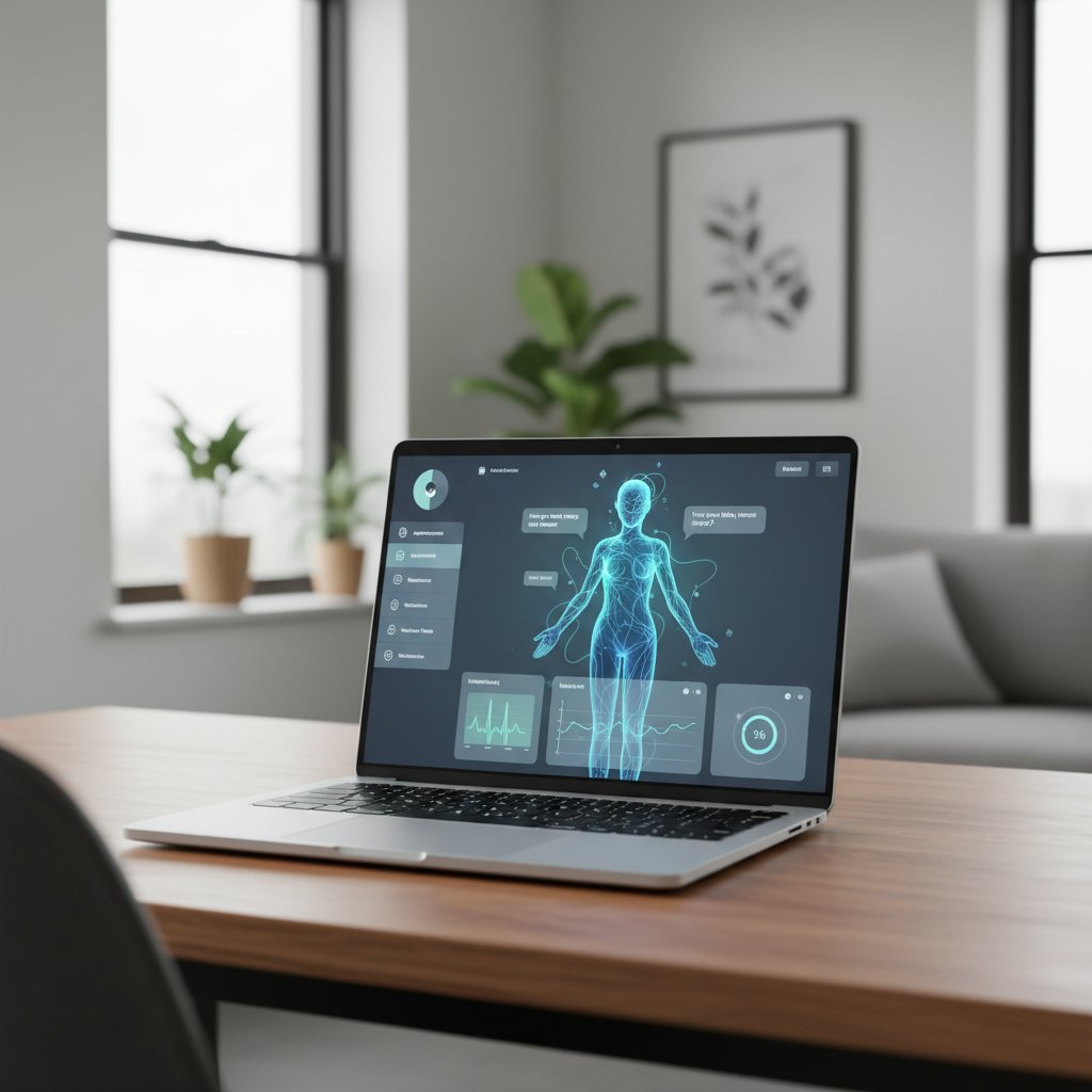 Nowoczesny interfejs wirtualnego asystenta zdrowotnego na laptopie używany przez osobę w domowym otoczeniu