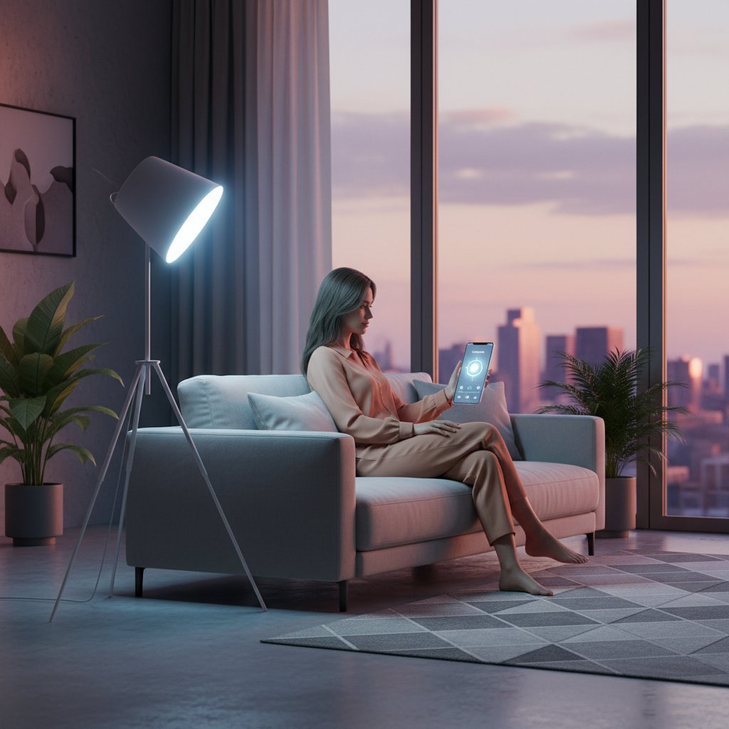 Nowoczesne wnętrze, osoba obsługuje lampę antydepresyjną przez aplikację na smartfonie