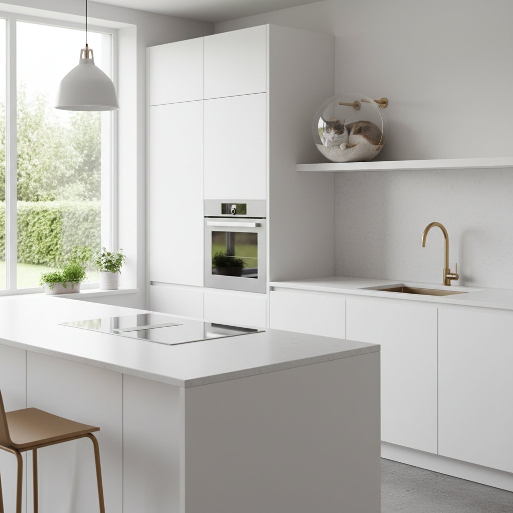 Nowoczesna kuchnia z zamkniętymi szafkami, kot siedzi bezpiecznie na parapecie, jasne światło