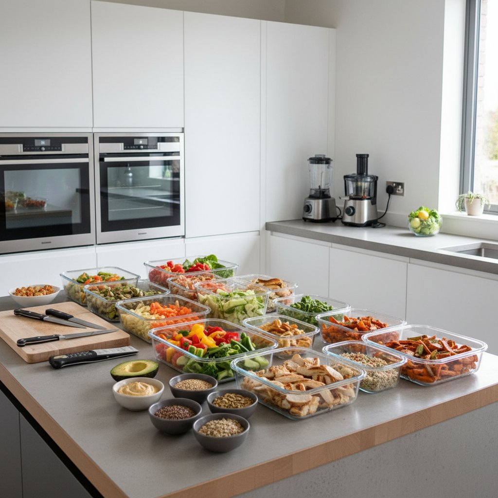 Nowoczesna kuchnia z uporządkowanymi pojemnikami, zdrowe i estetyczne dania gotowe do podania