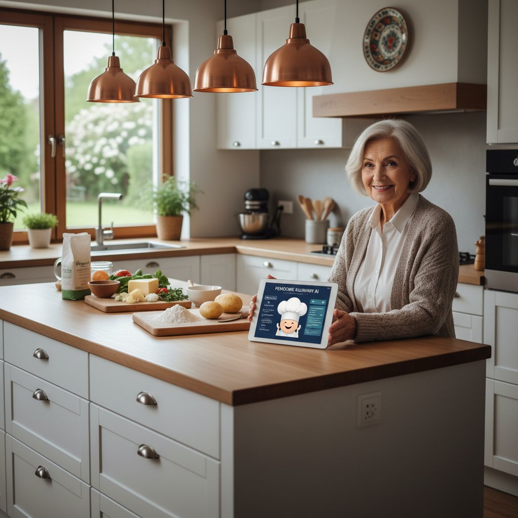 Senior korzystający z kucharz.ai podczas gotowania — innowacje w kuchni seniora
