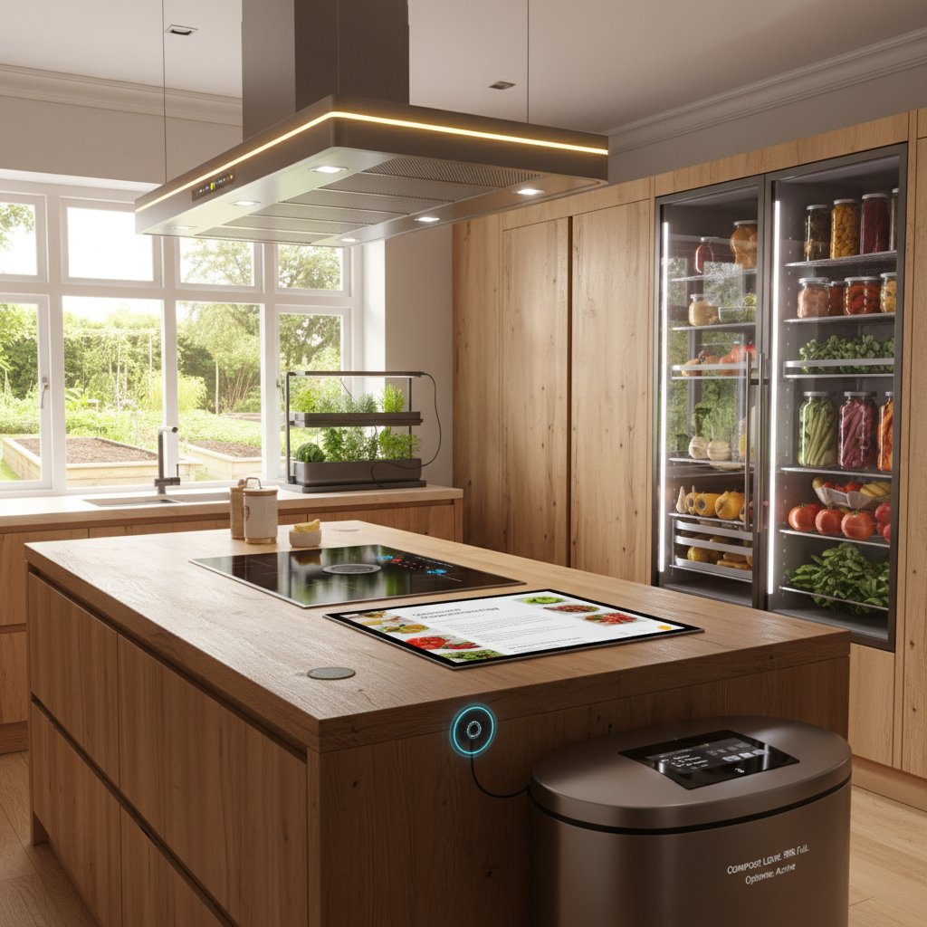 Nowoczesna kuchnia z urządzeniami smart i świeżymi produktami lokalnymi