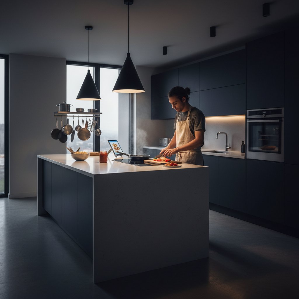 Szybkie przygotowanie kolacji w nowoczesnej kuchni, młoda osoba z telefonem i składnikami