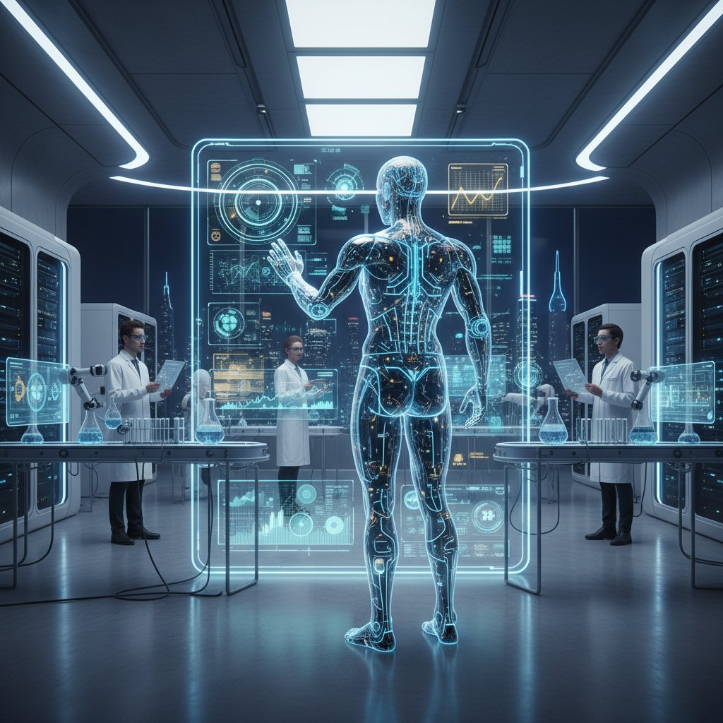 Nowoczesne laboratorium ekonomiczne z AI, naukowiec analizujący dane na ekranie