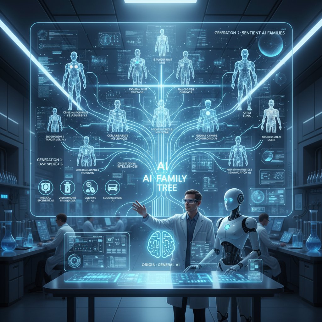 Nowoczesne laboratorium, komputer z wyświetlonym rodowodem i algorytmem AI – przyszłość genealogii