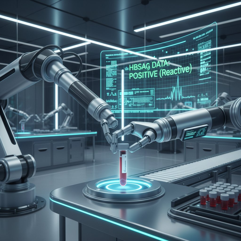 Nowoczesne laboratorium z robotem analizującym próbki krwi, ekran monitora z danymi testu HBsAg