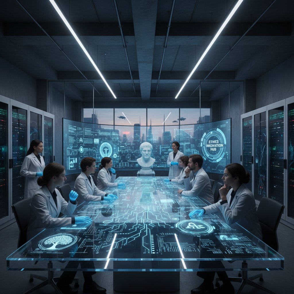 Nowoczesne laboratorium AI z ekranami pokazującymi dane, atmosfera innowacji