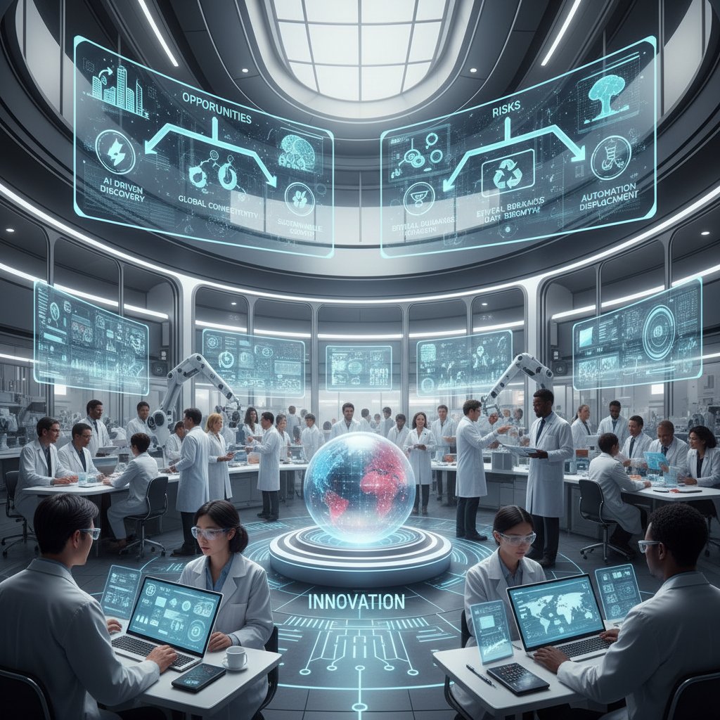 Nowoczesne laboratorium z AI, osoby różnych narodowości testujące innowacje – szanse i zagrożenia technologii