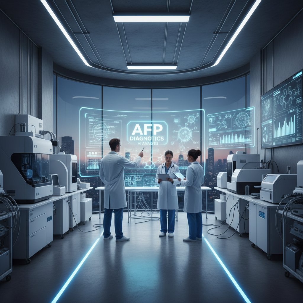 Zdjęcie laboratorium z nowoczesnym sprzętem analitycznym i zespołem lekarzy analizujących dane na ekranie komputera