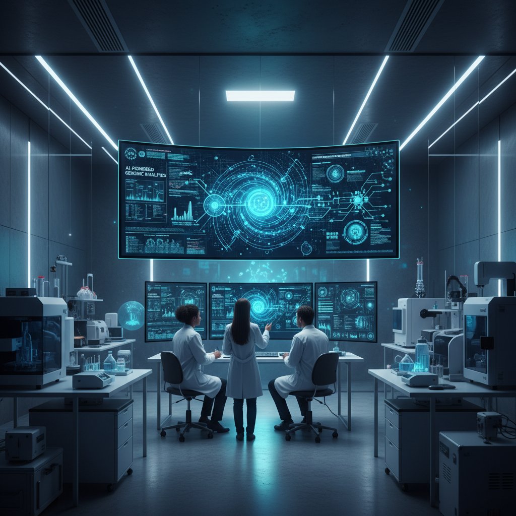 Nowoczesne laboratorium z ekranem prezentującym analizę danych medycznych przez sztuczną inteligencję