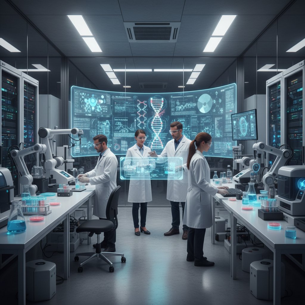 Nowoczesne laboratorium analizujące DNA, zespół specjalistów AI, światło LED