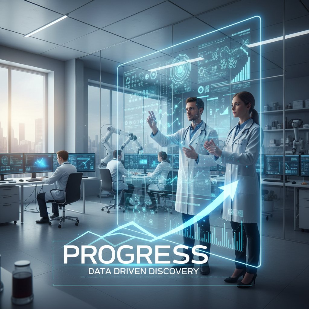Nowoczesne laboratorium, zespół lekarzy analizuje dane na ekranach, atmosfera postępu