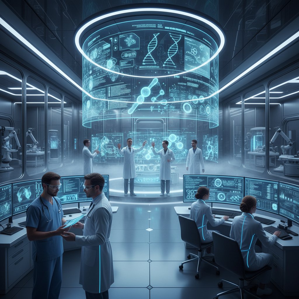 Nowoczesne laboratorium z zespołem lekarzy i naukowców analizujących dane na dużych ekranach, w tle futurystyczna atmosfera