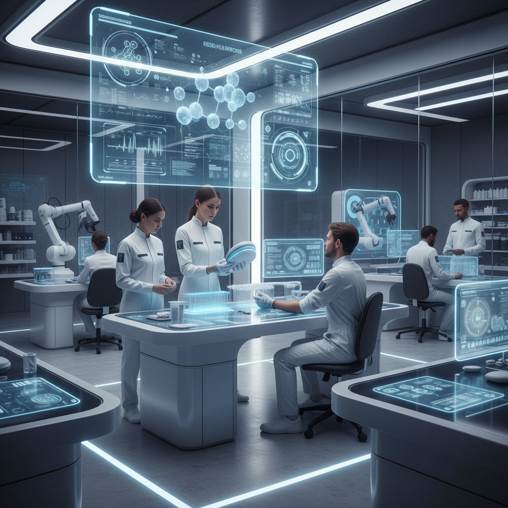 Nowoczesne laboratorium, inżynierowie testujący nowy sensor bez igieł – przyszłość monitoringu cukrzycy