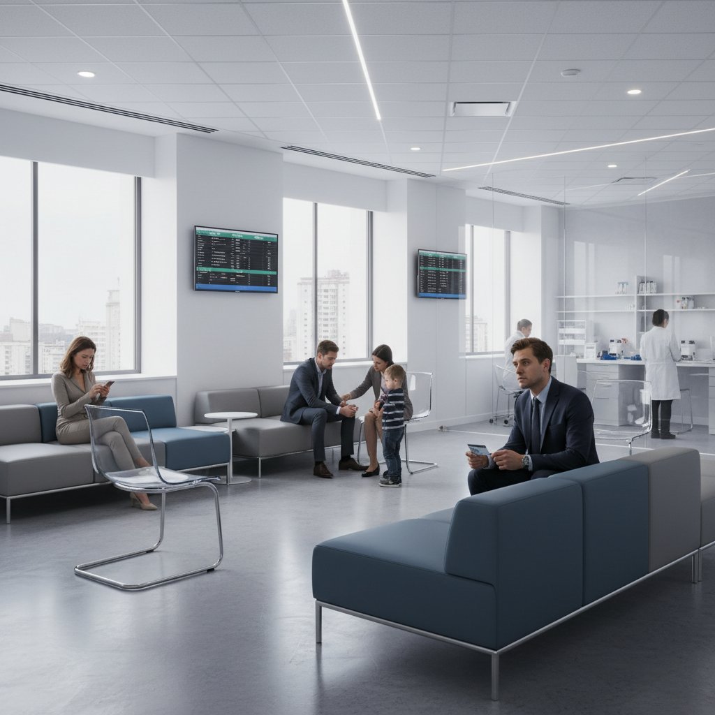 Nowoczesne laboratorium, ludzie czekający na badanie krwi, napięcie przed wynikiem