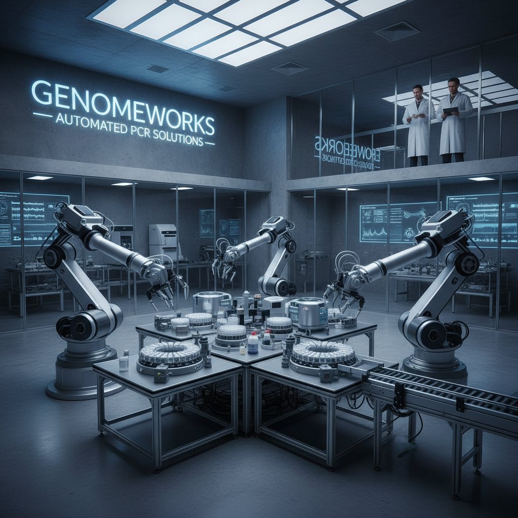 Nowoczesne laboratorium PCR z robotami automatyzującymi procesy i komputerami analizującymi dane