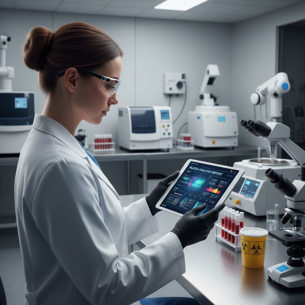 Nowoczesny laborant analizujący wyniki krwi za pomocą tabletu