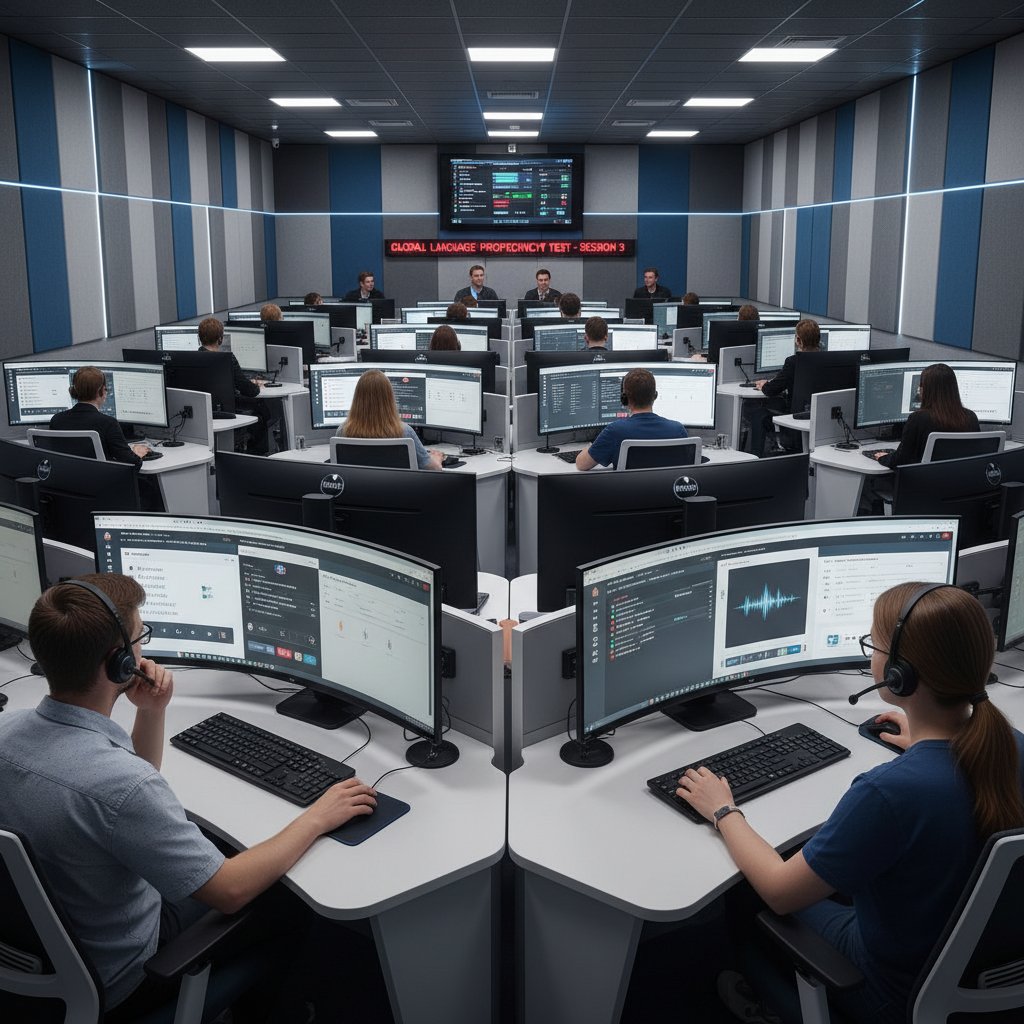 Nowoczesne laboratorium egzaminacyjne, studenci korzystający z różnych platform językowych online