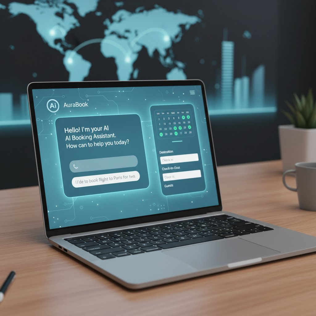 Nowoczesny laptop z interfejsem chatbota AI, klient dokonujący rezerwacji online, słowa kluczowe: chatbot rezerwacyjny, automatyzacja rezerwacji