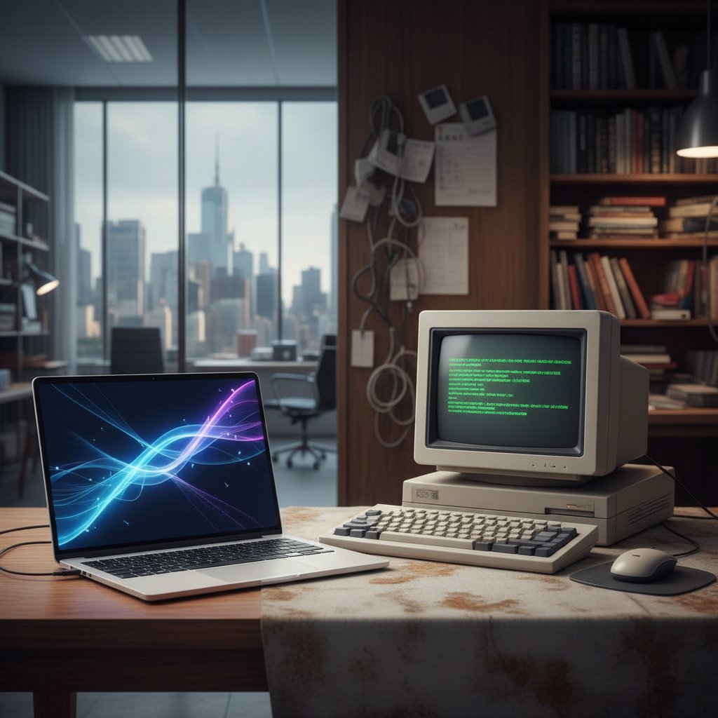 Nowoczesny laptop obok starego komputera, symbolizujący złudzenie bezpieczeństwa poprzez nowość