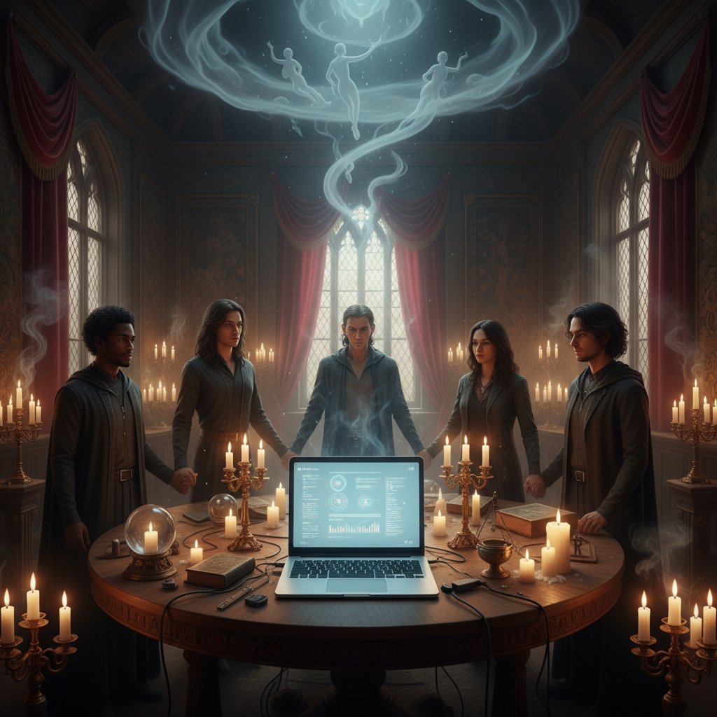 Vergleich einer Engelmedium-Online-Session und klassischer Beratung – Laptop, Séance