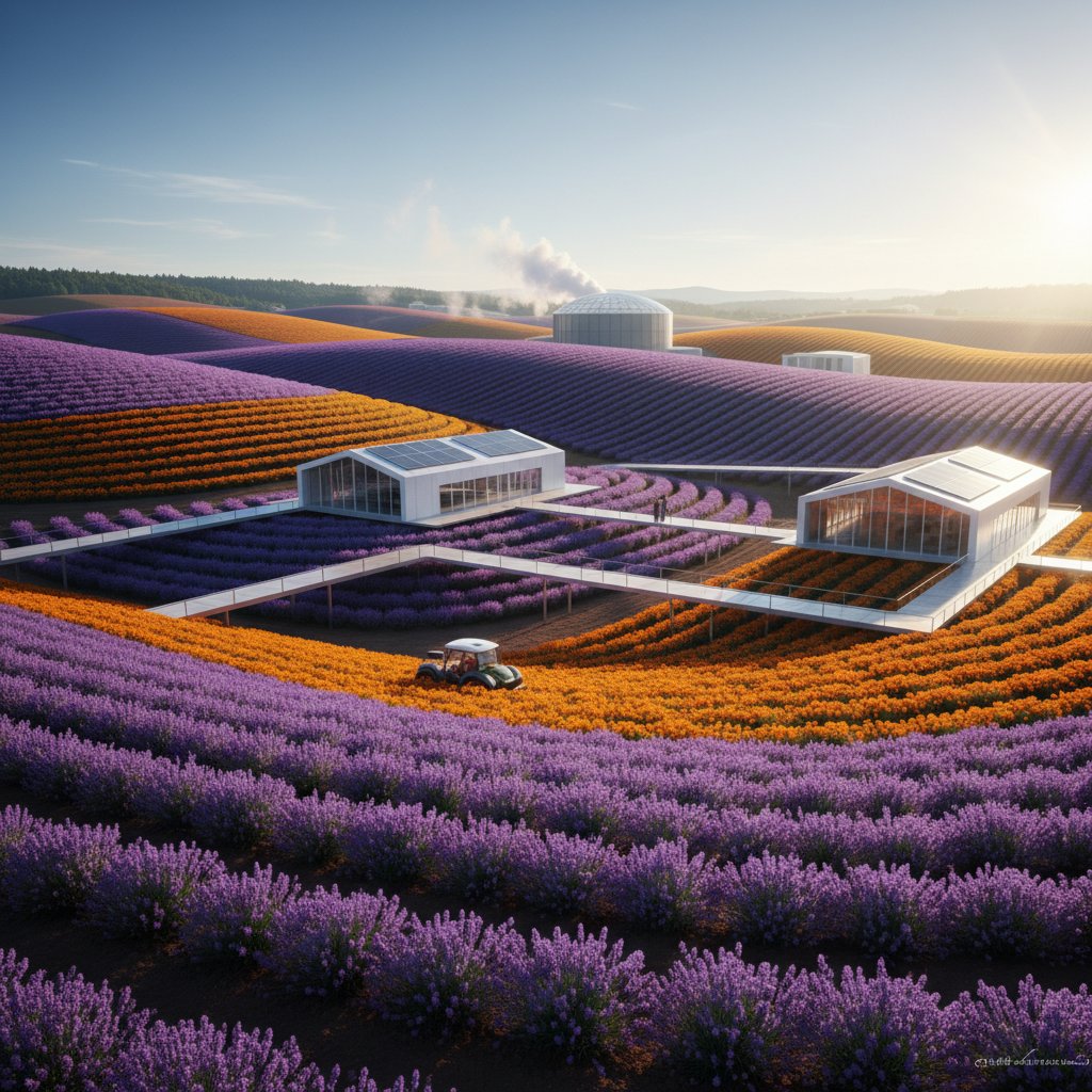 Nowoczesna plantacja lawendy i nagietka, intensywne barwy, dynamiczne światło, krajobraz wiejski