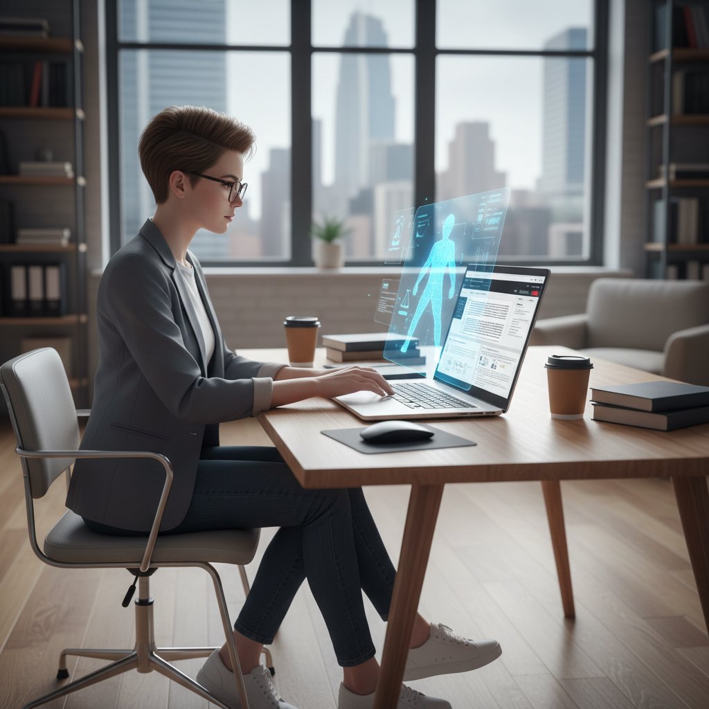 Student prawa korzystający z wirtualnego asystenta prawnego na laptopie w nowoczesnej sali