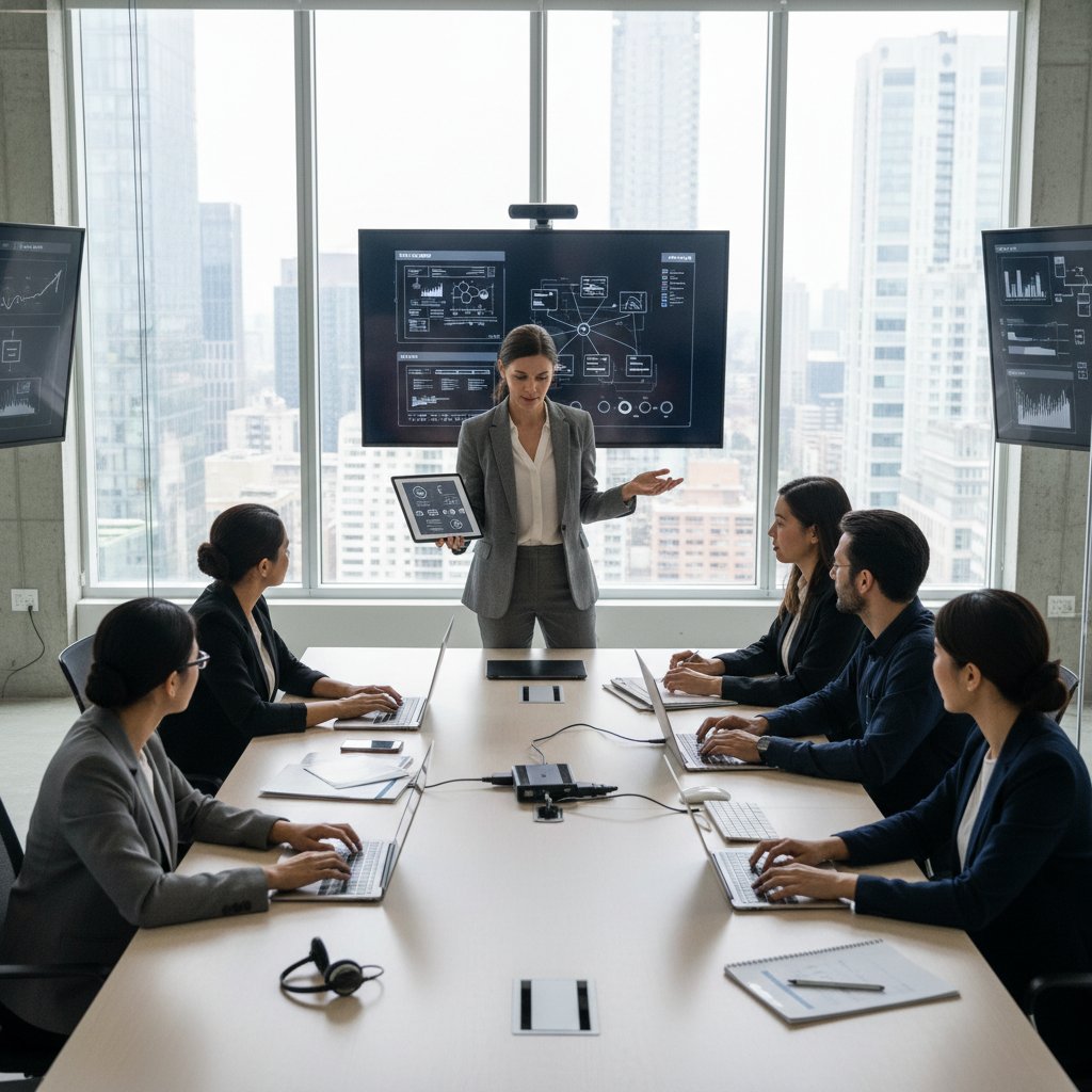 Lider w nowoczesnym biurze, otoczony przez zespół, korzysta z tabletu i narzędzi cyfrowych