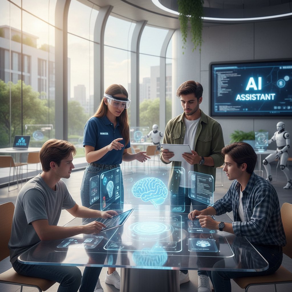 Moderne Lernumgebung mit KI- und AR-Elementen, Lernende arbeiten gemeinsam