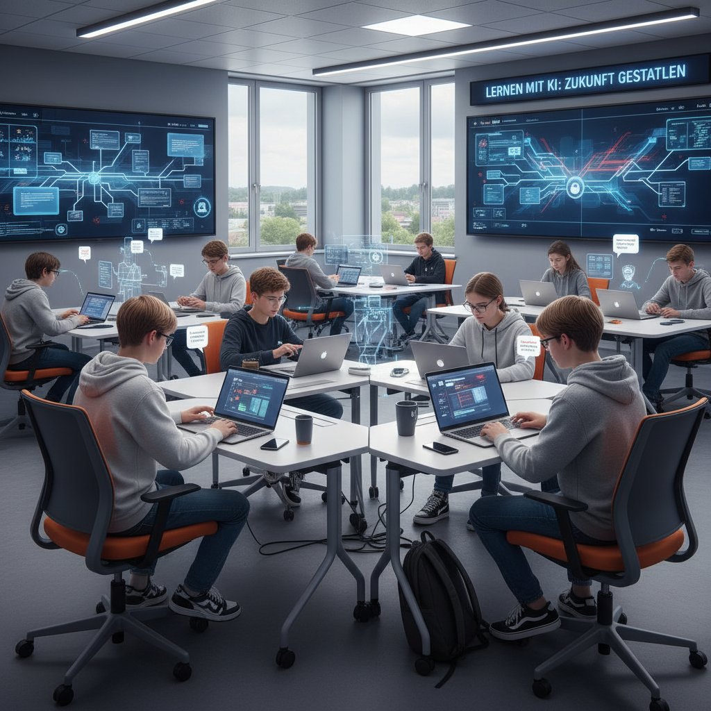 Ein moderner Lernraum mit mehreren Jugendlichen, die verschiedene digitale Endgeräte nutzen – Symbol für die Vielfalt neuer Lerntrends