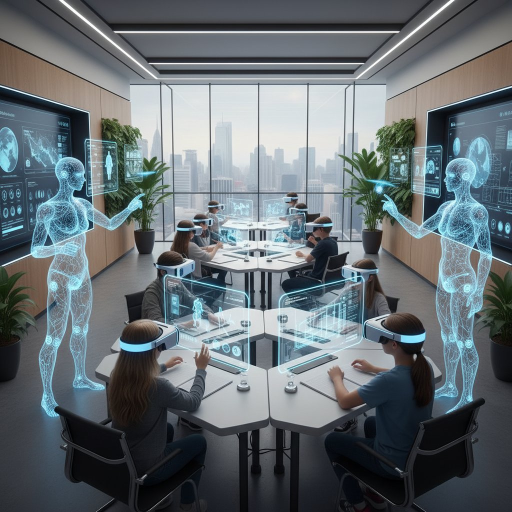 Nowoczesna sala nauki z VR, uczniowie w goglach, ekrany z AI-tutorami