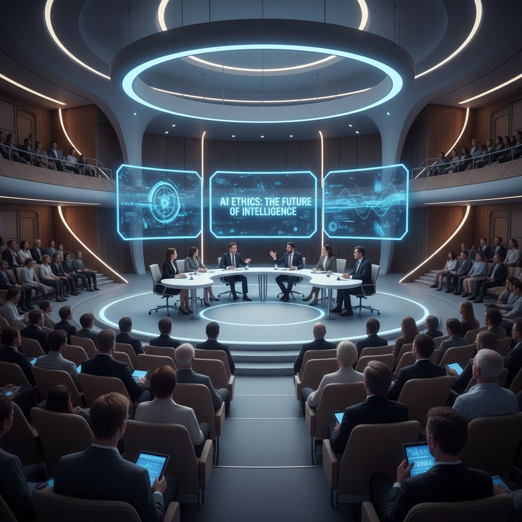Nowoczesna sala wykładowa podczas debaty o etyce sztucznej inteligencji, dyskusja ekspertów