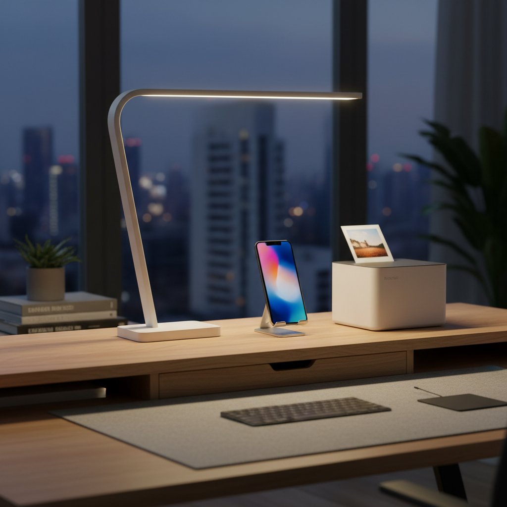 Nowoczesna lampa LED, smartfon i drukarka fotograficzna na biurku