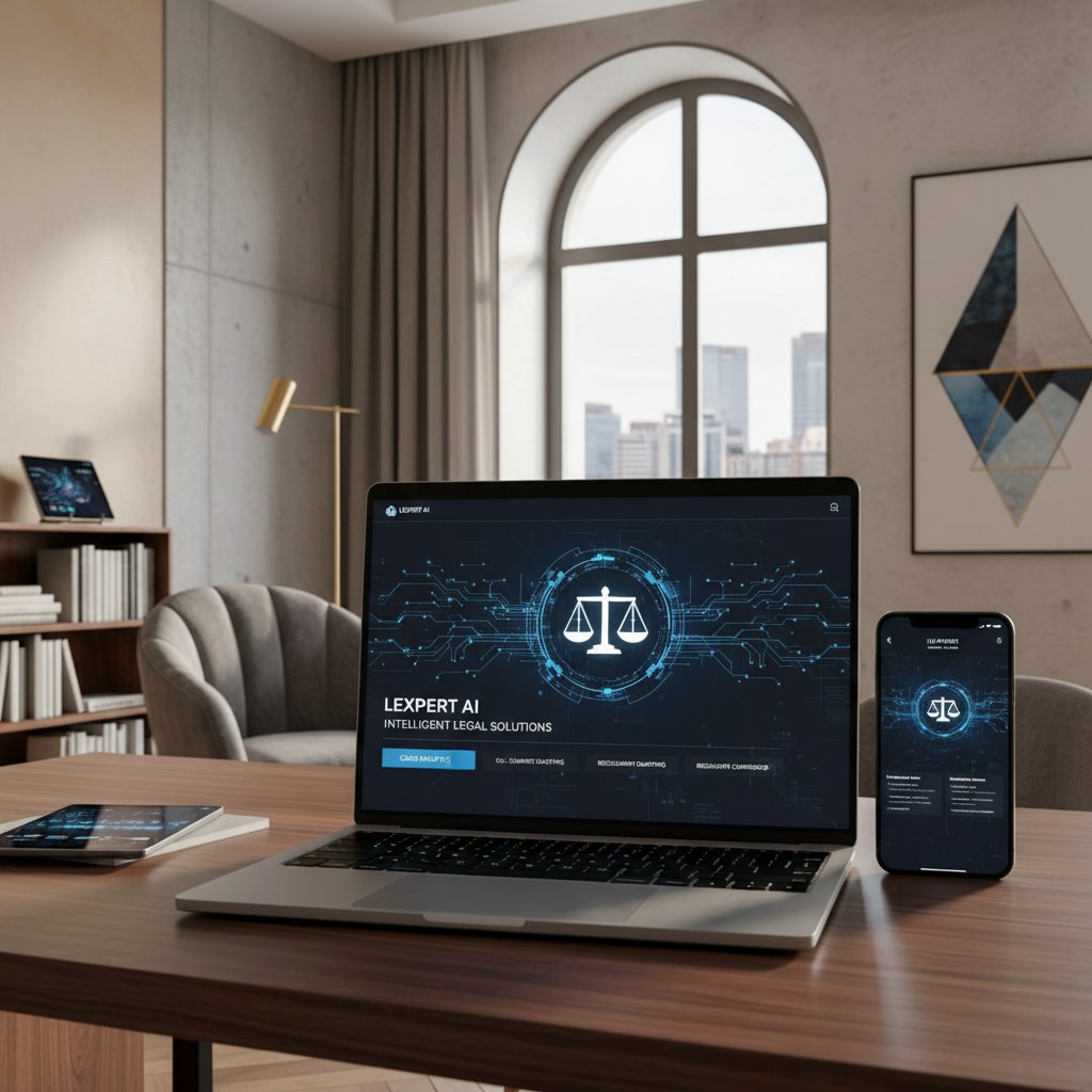 Nowoczesna platforma prawna online z AI, prezentowana na laptopie i smartfonie w polskim wnętrzu