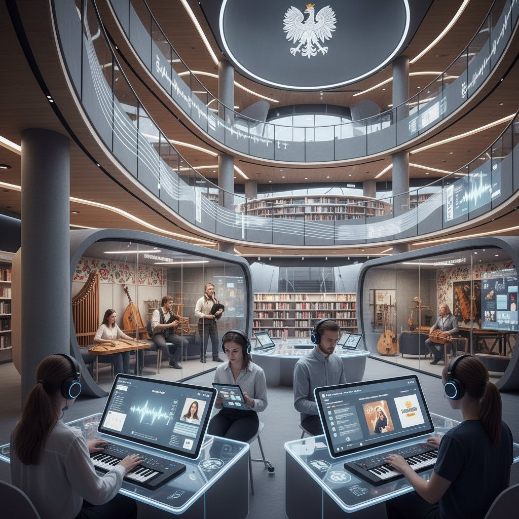 Zdjęcie wnętrza nowoczesnej biblioteki cyfrowej z komputerami i użytkownikami korzystającymi z platform do nauki o instrumentach – instrumentoznawstwo online, Polska