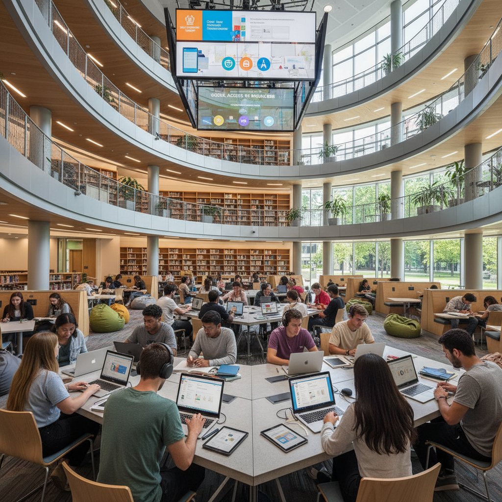 Nowoczesna biblioteka z uczniami i laptopami korzystającymi z otwartych zasobów edukacyjnych