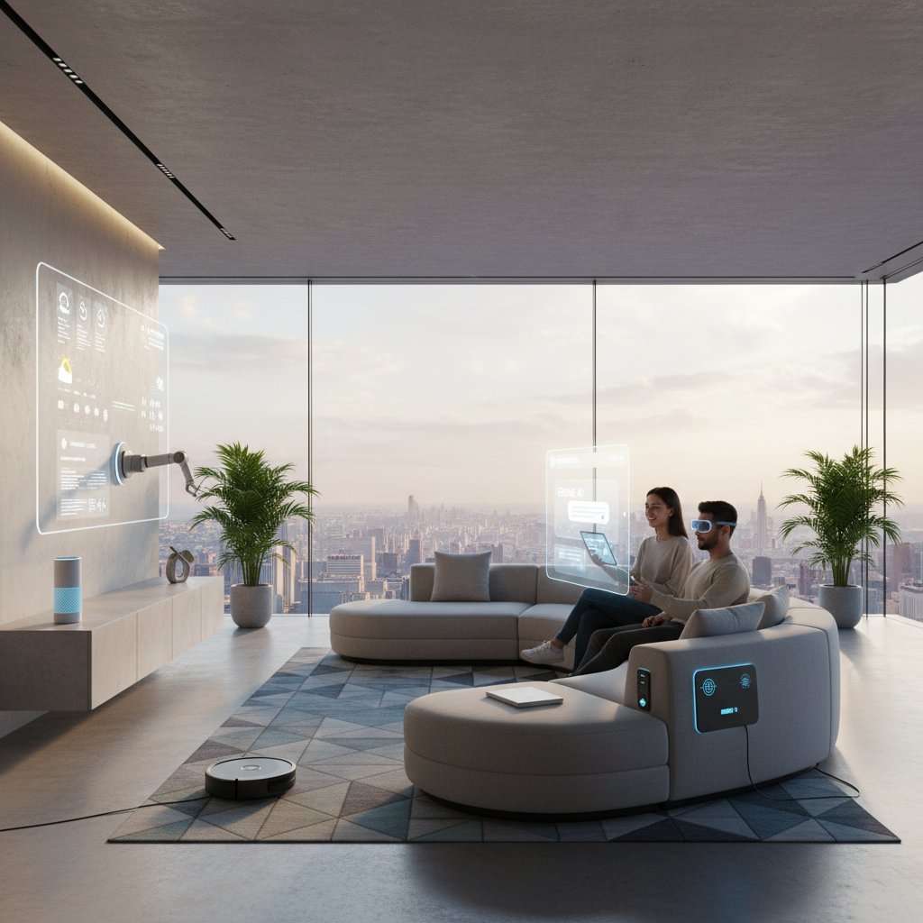 Nowoczesny salon z inteligentnymi urządzeniami AI i dwoma postaciami korzystającymi z chatbotów