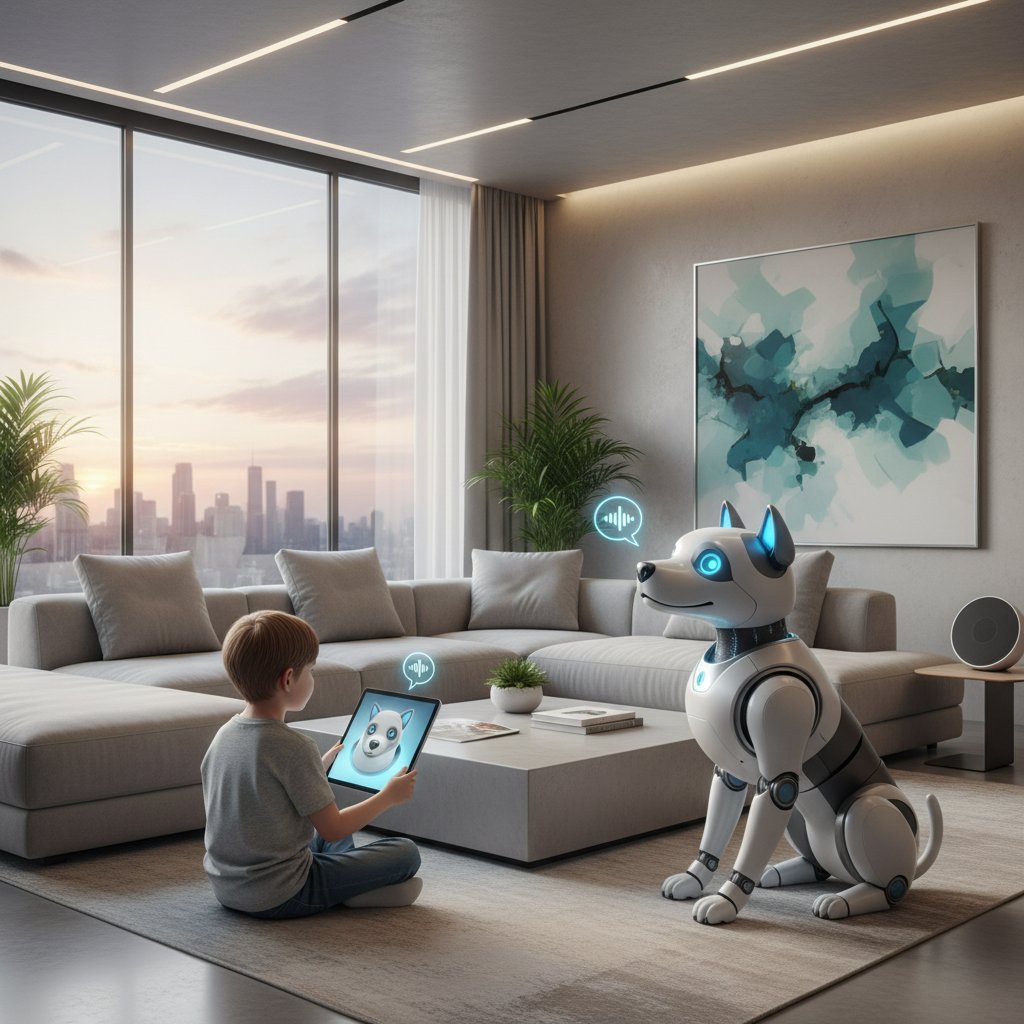 Nowoczesny salon z dzieckiem, które rozmawia z wirtualnym psem AI przez tablet